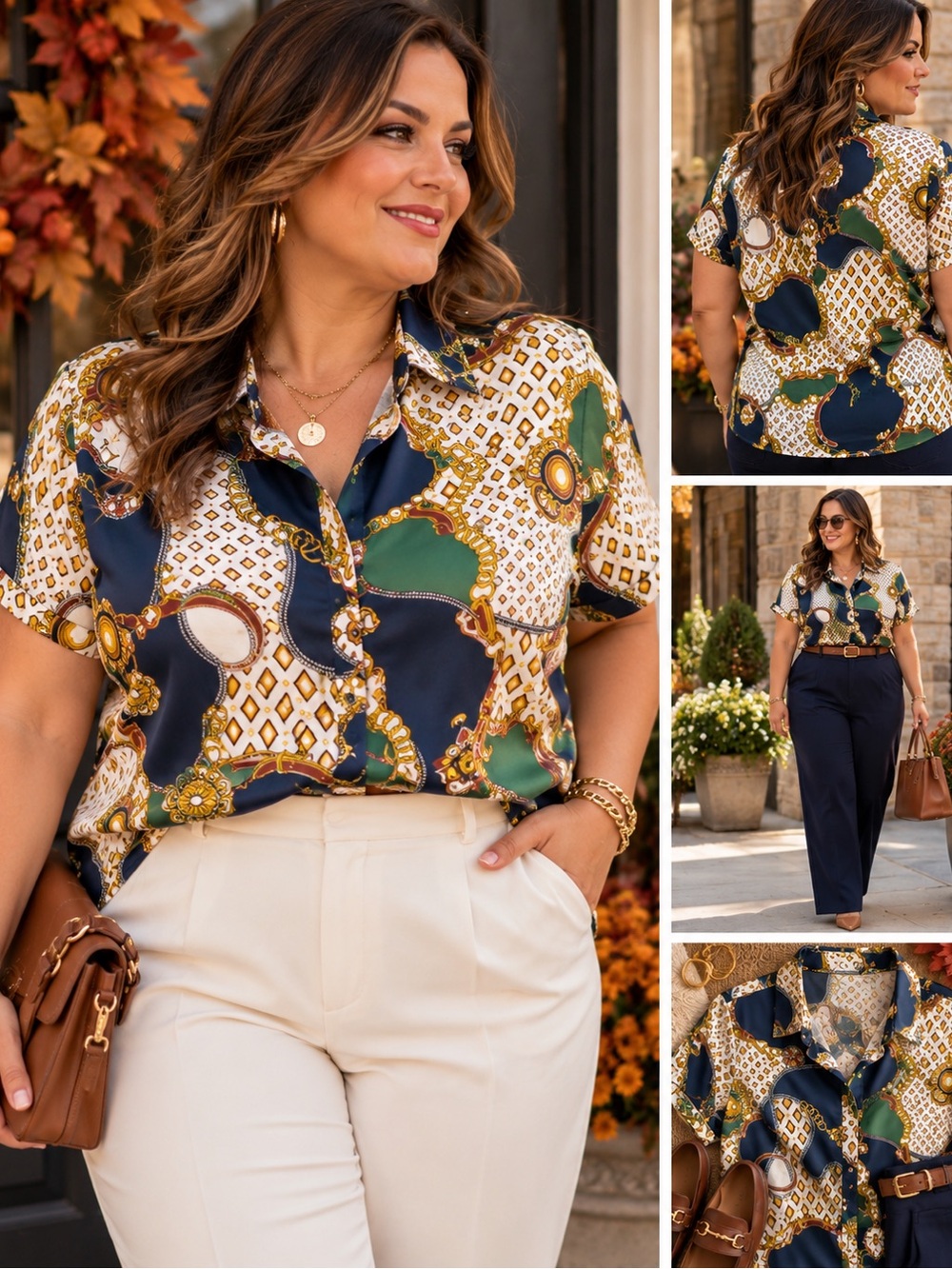 SHEIN Navy, Green & Gold Patterned Short-Sleeve Button-Up Blouse